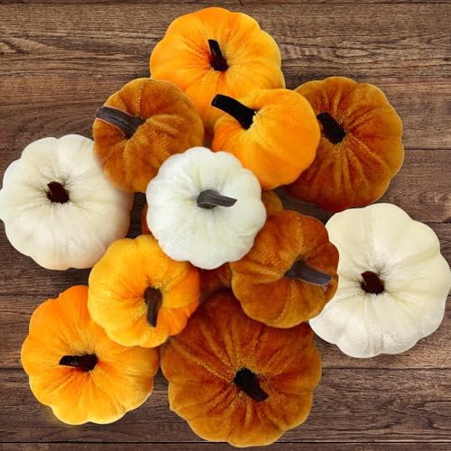 12 Assorted Velvet Pumpkins for Decorating, Fall & Thanksgiving Decor by Pseutio