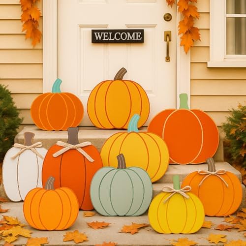 Yookeer 10 Pcs Fall Porch Decor Pumpkin Yard Signs Wooden, Classic Style by Yookeer