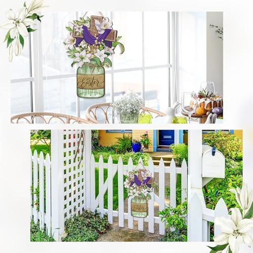 Boao Happy Easter Door Sign Plaque Easter Cross Wooden Hanging he is risen Door Sign Decorations Indoor Floral Spring Wall Hanger for Spring Party Indoor Outdoor Home - Image 6