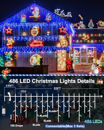 Christmas Lights Outdoor, 53 FT 486 LED Christmas Lights for Outside, Timer & Memory, Plug in 8 Modes Hanging Fairy Lights with 108 Drops for House Eaves Yard Patio Holidays Decorations, Blue - Image 5