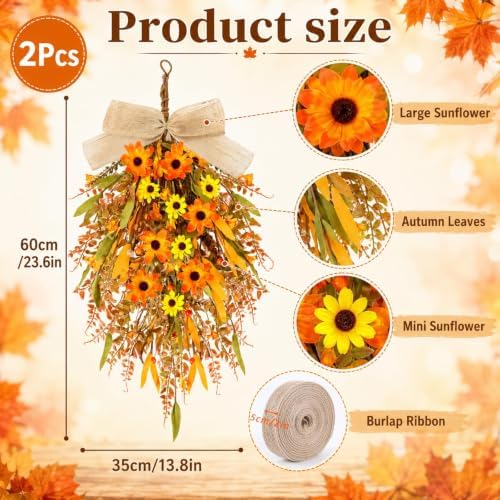 2 Pcs 24 inch Artificial Fall Swag Autumn Floral Teardrop Swags for Front Door Farmhouse Kitchen Cabinet Wreaths with Ribbon for Porch Wall Window Decor - Image 3