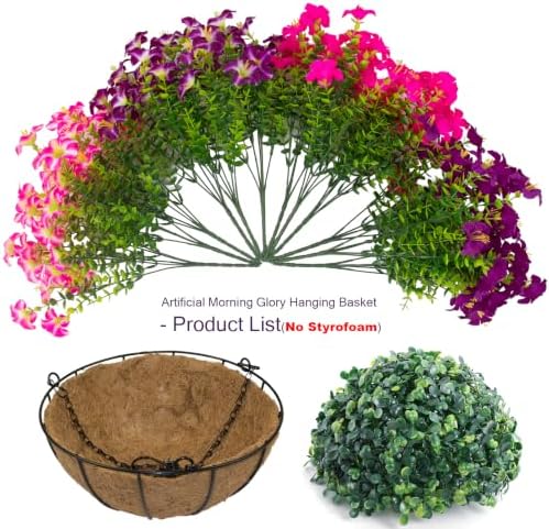 2 Set Artificial Outdoor Petunias Flowers with Hanging Baskets, 24 Pcs UV Resistant Faux Petunias Flowers with Hanging Planter for Front Door Porch Spring Outside Decor (2, RoseRed,RedViolet) - Image 3