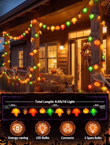 8.5FT 10LED Pumpkin Maple Leaf Acorn Fall String Lights Decorations Plug in - Image 2