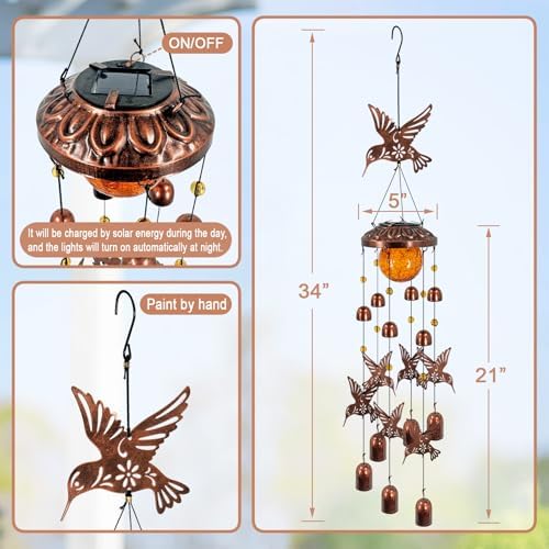 Fall Wind Chimes for Outside,Hummingbird Gifts Hanging Solar Light Outdoor - Image 7