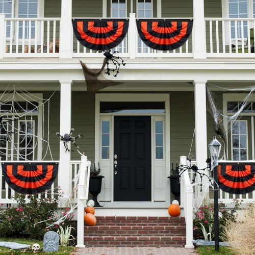 Newwiee 4 Pcs 4 x 2 ft Halloween Flag Bunting Half Fan Hanging Pleated Flag Banner with 3 Grommets for Halloween Indoor Outdoor House Holiday Yard Decorations Party Props, Black Orange - Image 6