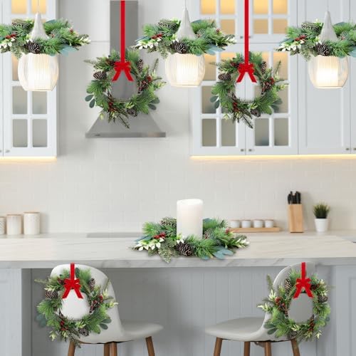 8 PCS 9" Small Christmas Norfolk Wreaths Mini Cabinet Wreaths for Kitchen with Red Berry Pinecone Cedar Bows Snowy Pine Wreath for Xmas Front Door Window Fireplace Home Table Pillar Stairs Decor - Image 5