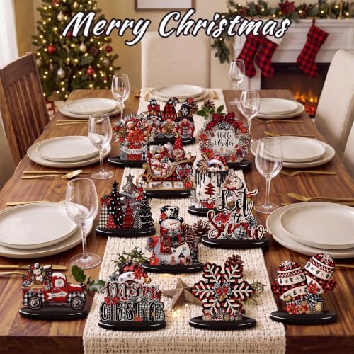 Leinuosen 12 Pcs Christmas Table Decorations Buffalo Plaid Red Black Christmas Tiered Tray Decor Wooden Gnome Santa Claus Table Centerpieces Farmhouse Xmas Decor for Home Kitchen Coffee Bar Shelf - Image 5