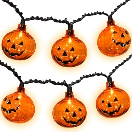 PASUTO Halloween Lights Pumpkin String Lights, 8.5 Feet Clear Orange Pumpkin Lights with 10Pcs Pumpkin Lantern Light, for Halloween Indoor Outdoor Party Yard Home Decor (Orange LED Bulb) by PASUTO