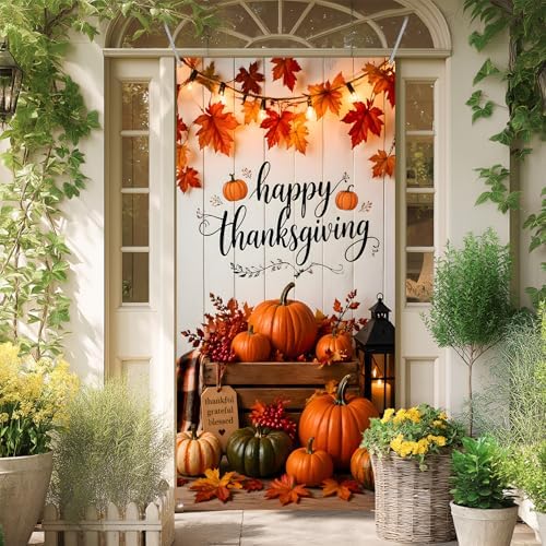 Happy Thanksgiving Door Cover 35.4x70.8in, Fall Pumpkins Maple Leaves Front Porch Banner, Autumn Harvest Thanksgiving Backdrop for Indoor Outdoor Home Yard Wall Decor by AOHMPT