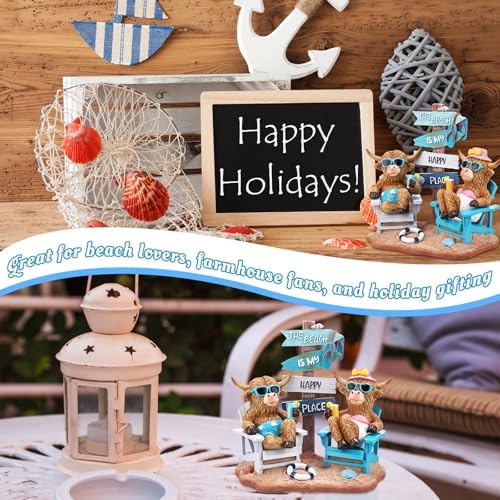 Wonderjune Beach House Decor Resin Sign Figurine for Mantle,Highland Cow - Image 6
