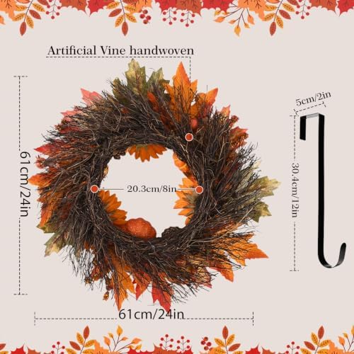 24 Inch Fall Wreaths for Front Door, Autumn Wreath with Hanger - Image 2