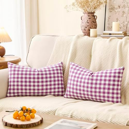 Outdoor Lavender Gingham Plaid Decorative Lumbar Pillow Cover 12x20(Purple) by CARRIE+HOME