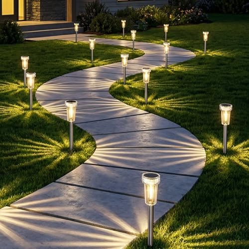 DERAYSION 12 Pack Solar Pathway Lights Outdoor, Solar Powered Garden Lights Auto On/Off, Waterproof Stainless Steel Pole Landscape Lighting for Path, Yard, Walkway, Driveway Decor - Warm White by DERAYSIONSolarLighting