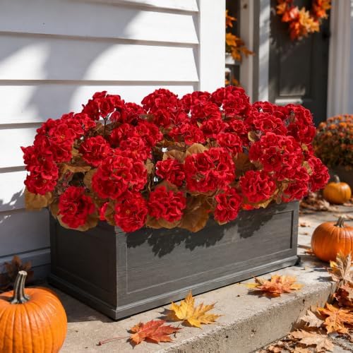 Fake Geraniums Artificial Flowers for Outdoors Fall Autumn Decoration, 6 Bundles Silk Geraniums Look Real Faux Fall Flowers Plants for Front Door Garden Planter Patio Balcony Yard Home Indoor, Red - Image 5