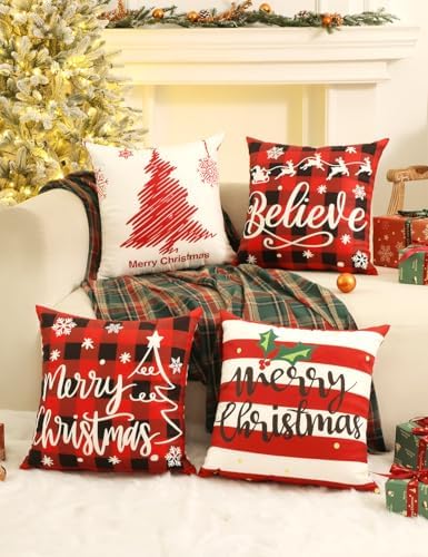 TOYPOPOR Christmas Decorations, Double Sided Throw Pillow Covers 16x16 Inches Set of 4, Christmas Tree, Snowflakes, Merry Christmas, Snowman Reindeer Cushion Case for Farmhouse Home Holiday Decor - Image 6