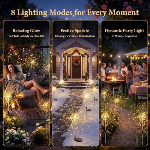 Solar Garden Lights Outdoor 4 Pack, 120LED Solar Starburst Twinkle Firework Lights with 8 Modes,Waterproof Decorative Fairy Light for Yard, Garden, Halloween & Christmas Landscape Decor - Image 3