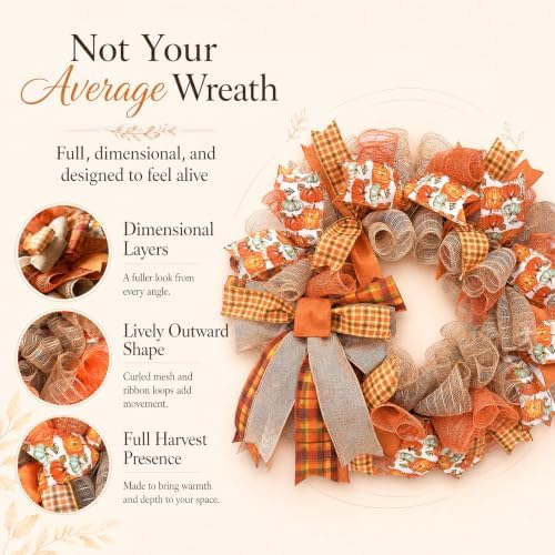 24 Inch Fall Wreaths for Front Door, Pumpkin Wreath - Image 2