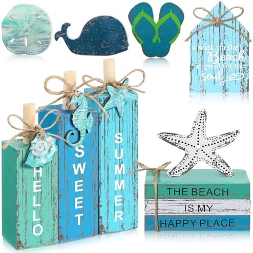 Vercraft 11 Pcs Summer Beach Table Decorations Ocean Tiered Tray Decor Summer Centerpiece Decorative Wood Books Table Top Decor Starfish Wooden Sign for Home Party Supplies (Ocean) by Vercraft