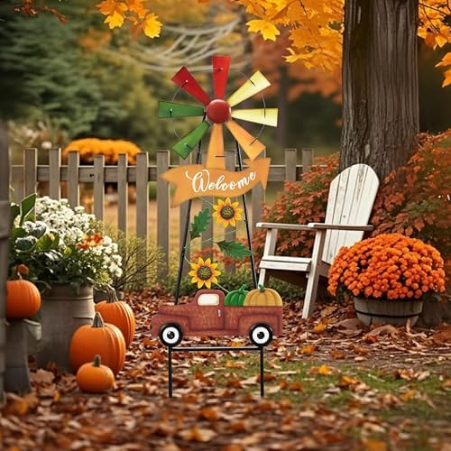 TERESA'S COLLECTIONS Fall Outdoor Decor, Wind Spinners Yard Stakes, Metal Pumpkin Fall Garden Decorations, Thanksgiving Welcome Sign, Rustic Autumn Sunflower Decor for Lawn Patio, 26" - Image 2