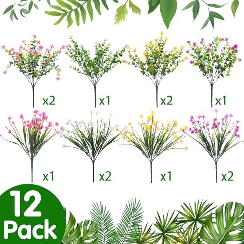 WILLBOND 12 Bundles Artificial Flowers Outdoor, UV Resistant Faux Artificial Plants Shrubs Plastic Flower Bulk for Hanging Planter Porch Window Home Spring Summer Decor(Cute Color) - Image 2