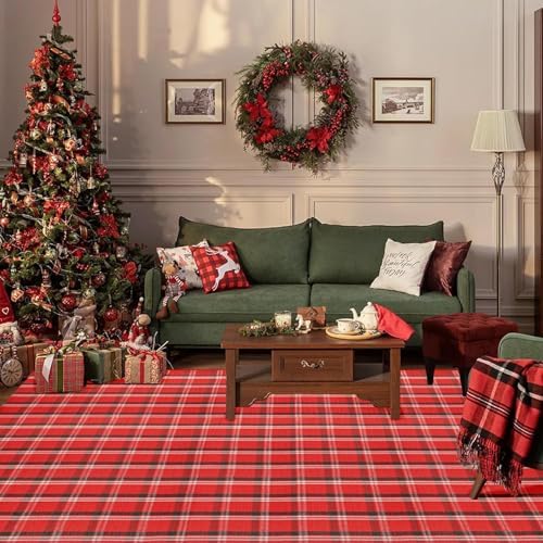 Christmas Red Green White Plaid Rug 8x10 ft, Extra Large Cotton Hand-Woven Buffalo Check Area Rug for Living Room, Bedroom, Patio, Christmas Holiday Farmhouse Decor, Washable Outdoor Indoor Carpet - Image 2