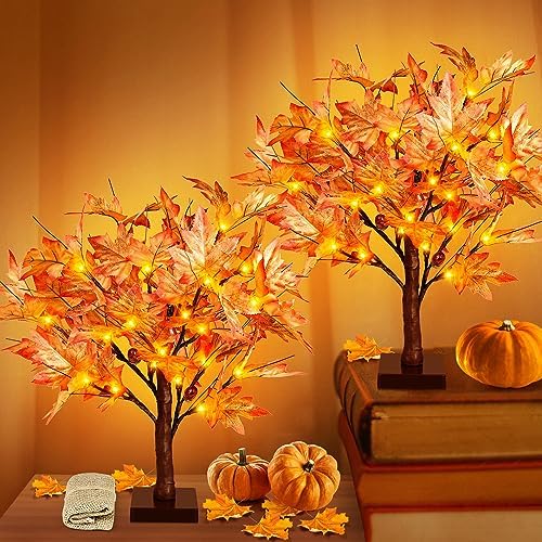Remon 36 LED Lighted Fall Maple Tree - 1.5FT Thanksgiving Tabletop Lamp Decor with, 72 Maple Leaves, 6 Acorns, Timer Battery Operated 18 Inch Burlap Base Fall Artificial Tree for Autumn Decorations by Remon
