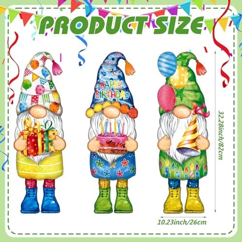Umigy 3 Pcs 32 x 10 Inch Happy Birthday Yard Decor Outdoor Gnome Sign with Stakes Gift Boxes Cake Balloon Gnome Garden Sign Outdoor Yard Decor for Birthday Party Lawn Decorations - Image 3