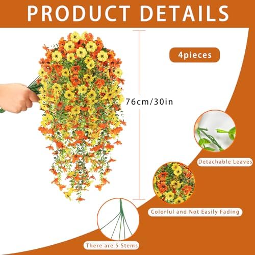 4PCS Artificial Hanging Flowers for Outdoors Summer Decoration, Upgrade UV Resistant Faux Silk Hanging Plants for Outside Home Planter Porch Patio Decor (Orange&Yellow) - Image 4