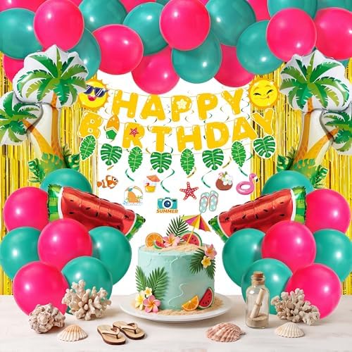 JOYIN Summer Hawaiian Birthday Party Decorations, 76PCS Party in Summer Supplies with Banner, Foil & Latex Balloons, Spiral Swirls & Tinsel Curtains for Boys, Girls, Kids Tropical Fruit Party Decor by JOYIN