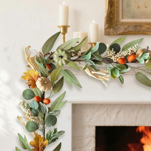 2Pcs Fall Garland with Lights Fall Decorations for Home 6Ft, Autumn Fake Pumpkin Berry Maple Leaves Garland for Mantle Halloween Harvest Thanksgiving Fireplace Party, Fall Decor Outdoor Indoor Porch - Image 6