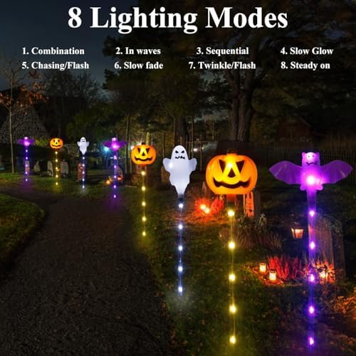 Halloween Decorations Outdoor Solar Pumpkin Bat Ghost Garden Stake Lights, 6-Pack 8 Modes Solar Halloween Lights Waterproof for Outside Home Patio Yard Pathway Grave Lawn Porch Party Decor - Image 4