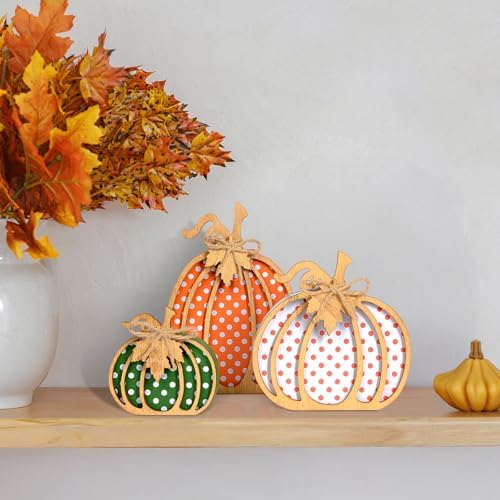 OLANRUN Fall Decorations for Home, 3-Piece Wooden Pumpkin Fall Decor, Rustic Farmhouse Indoor Autumn Thanksgiving Decorations for Table Centerpiece, Tiered Tray, Mantel, Shelf, Office (4-8 Inch) - Image 5