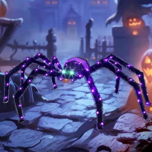 Halloween Decorations Outside Giant Spider - HOYECHI Outdoor Halloween Decor Lighted Spider 4.2FT, Light Up Spider with 90 LED Lights, Ground Stakes, for Front Yard Porch Gardens Lawns Party by HOYECHI