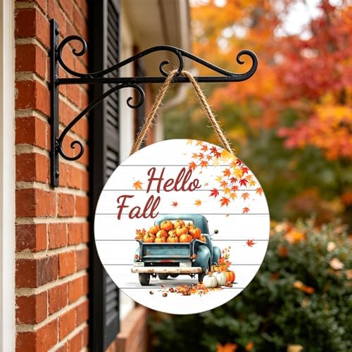 Hello Fall Wreath for Front Door Fall Truck Welcome Door Sign 12x12 Inch Autumn Maple Leaf Pumpkin Wood Door Hanger Farmhouse Thanksgiving Hanging Plaque for Home Porch Wall Indoor Outdoor Decorations - Image 4