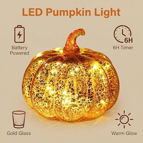Fall Decorations for Home,Mercury Glass Pumpkin Lights with Timer(Gold) - Image 3