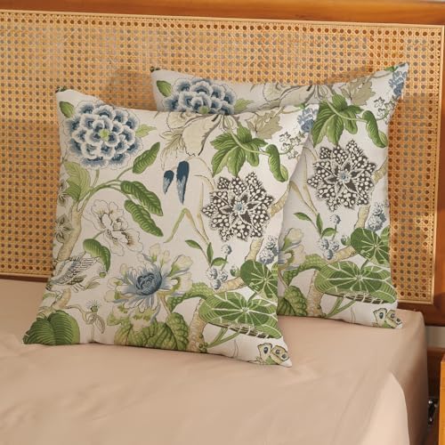 Sage Green Boho Pillow Covers 16x16 Inch 2 Pcs Blue Green Vintage Floral Bird Decor Throw Pillows Chinoiserie Flower Seasonal Outdoor Farmhouse Pillowcase Linen Cushion Cover for Couch Sofa - Image 2