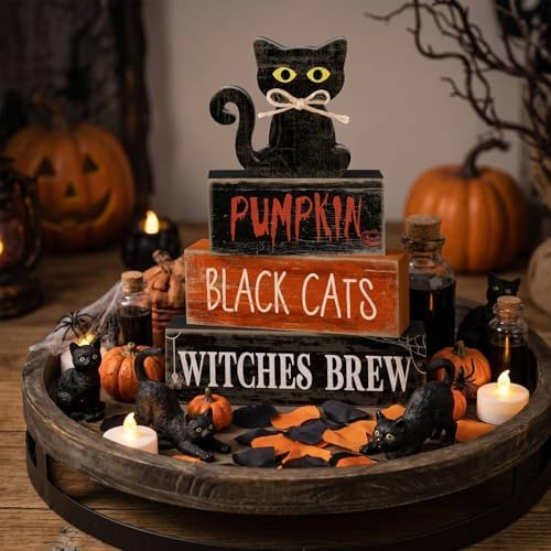 Lineshading 4 Pcs Halloween Table Decor for Home, Wooden Black Cat Sign Set - Image 6