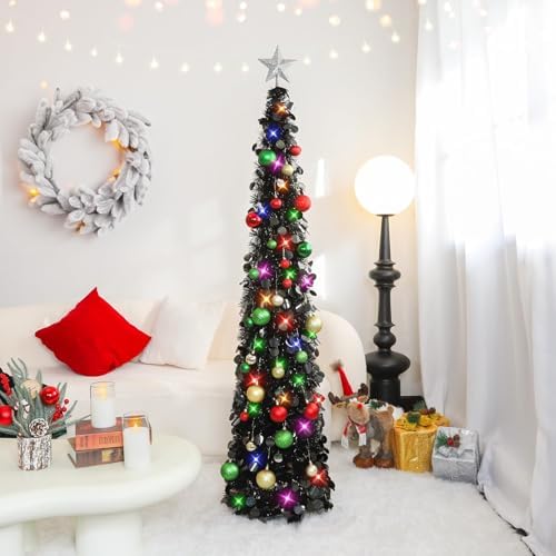 N&T NIETING Pop Up Black Tinsel Christmas Tree, 5Ft Collapsible with Lights & 30 Balls, Skinny Christmas Tree Decor for Holiday Xmas Home Office - Image 4