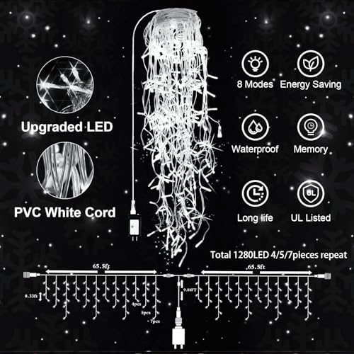 JXLEDAYY Christmas Lights Super Long 1280 LED 131 FT LED String Lights with 240 Drops Plug in 8 Modes Christmas Decoration for Holiday Wedding Party Bedroom Garden Patio Outdoor Indoor (Cool White) - Image 6