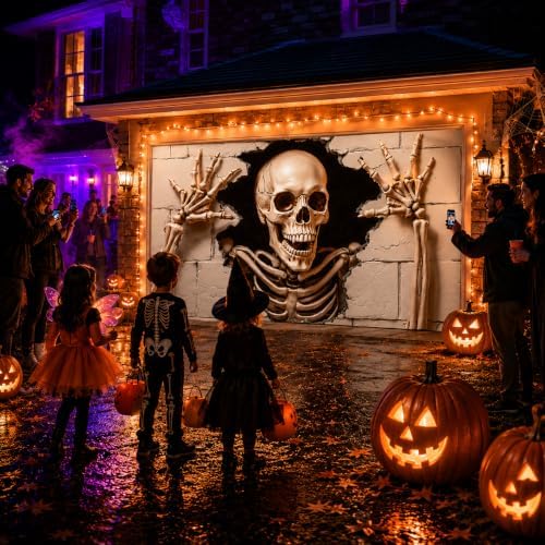 6 x 13 ft Halloween Garage Door Decorations Halloween decorations Witch Door Cover, Hanging Banner, Cauldron Backdrop Mural for Home, Outdoor, Indoor, Spooky Party, Wall, Window (Skull-2, 71x157 inch) - Image 3