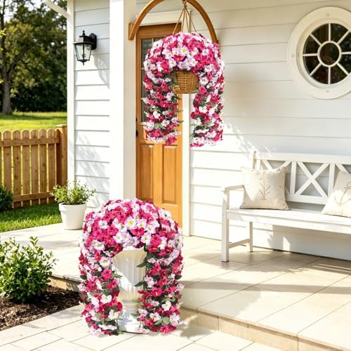 Artificial Hanging Flowers for Outdoors, 2 PCS 272 Blooms UV Resistant Morning Glory Faux Silk Vines, No-Odor Realistic Fake Plants for Garden Planter Porch Patio Decoration, Fuchsia Pink - Image 6