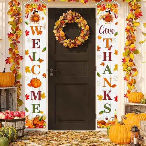 MEHOFOND Give Thanks Porch Banner Sign, Fall Welcome Maple Leaves Thanksgiving Door Decorations, Board Wall Hanging Farmhouse Supplies, Thanksgiving Porch Decor Outdoor for Home Office Holiday - Image 4