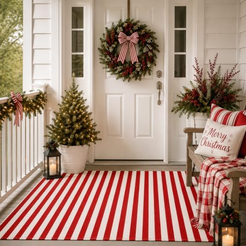Moucuny Christmas Red and White Vertical Stripe Outdoor Rug 3' X 5' Doormat - Image 2