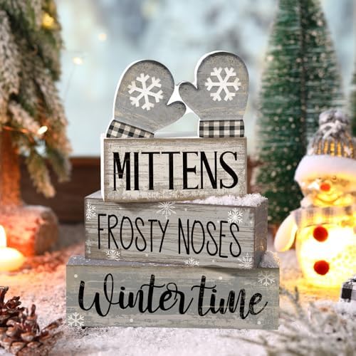 Lineshading 4 Pcs Winter Table Decorations Wooden Mittens Decor Winter Tiered Tray Decor Rustic Snowflake Mittens Block Signs Gift Farmhouse Christmas Centerpiece for Wonderland Party Kitchen Home - Image 2