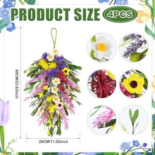 4Pcs Artificial Spring Swag Wreaths – 23.6" Teardrop Floral Swags - Image 2