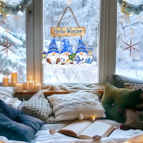 Hello Winter Sign Wreath 10.2x13.8in Gnome Welcome Sign for Front Door Decor Winte Wooden Door Hanging Plaque Sign Christmas Winter Holiday Decorations for Home Window Wall Indoor Outdoor - Image 6