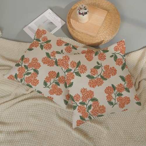 Fall Burnt Orange Pillow Covers 24x24 Inch 2 Pcs Green Hydrangea Flower Decor Throw Pillows Vintage Floral Seasonal Autumn Outdoor Decoration Pillowcase Linen Cushion Cover for Couch Sofa - Image 5