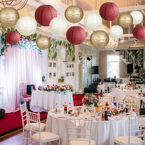 Round Hanging Paper Lanterns Burgundy and Gold Party Decorations15pcs - Image 5