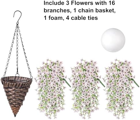HyeFlora Artificial Hanging Flowers Basket for Outdoor, Fake Flowers Faux Plants Look Real for Yard Gardens Porch Patio Home (White) - Image 3