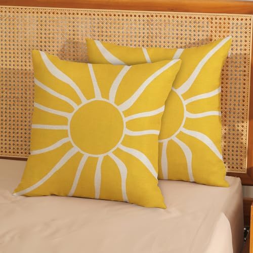 Summer Pillow Covers 16x16 Inch Set of 2, Yellow Sun Decorations Outdoor Throw Pillows Boho Summer Sunshine Sunrise Pillowcase Linen Decor Square Modern Farmhouse Cushion Case for Couch Sofa - Image 2